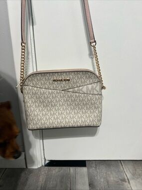 Michael Kors Beige Signature Canvas Crossbody with Pink Trim